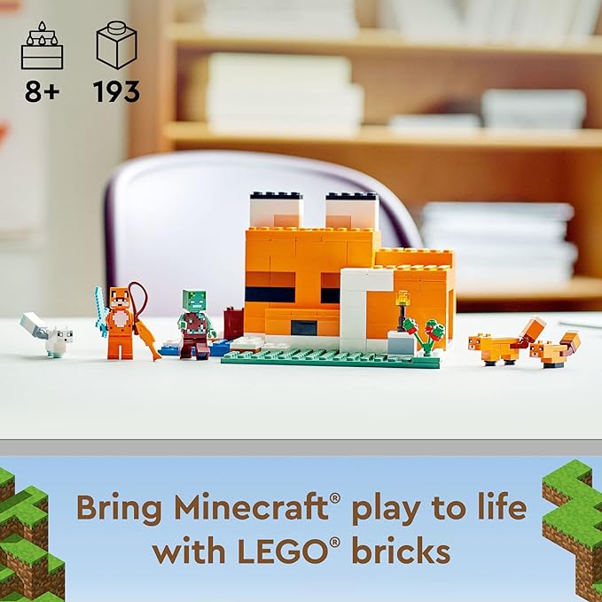 LEGO Minecraft The Fox Lodge House 21178 Animal Toys with Drowned Zombie Figure, Birthday Gift for Grandchildren 8 and