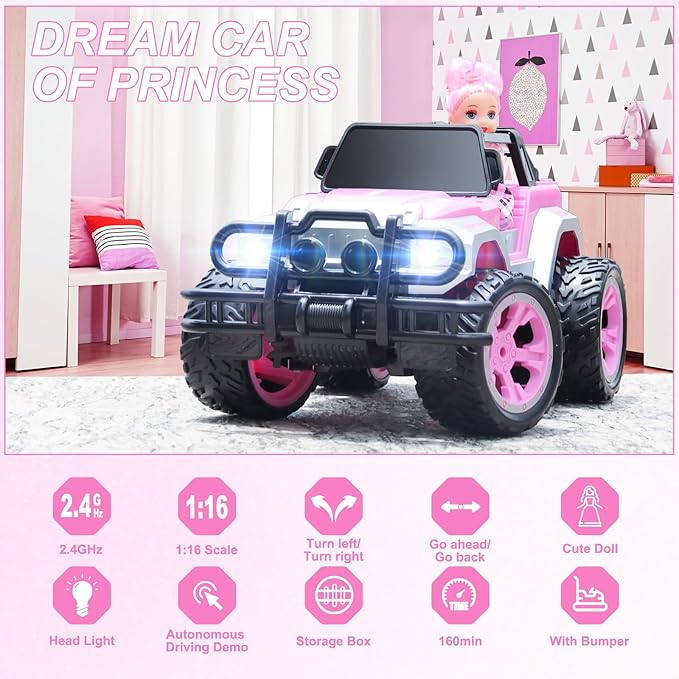 Carox Remote Control Car for Girls, 160 mins Pink RC Car with Doll and Sticker 1:16 Scale 4-12 Years