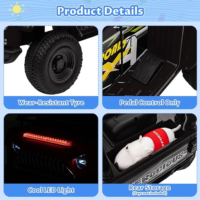 Hetoy 6V Ride On Car for Toddlers - Battery Powered Electric Car for Kids with Music, LED Light 4 Wheels 3-6 Years,