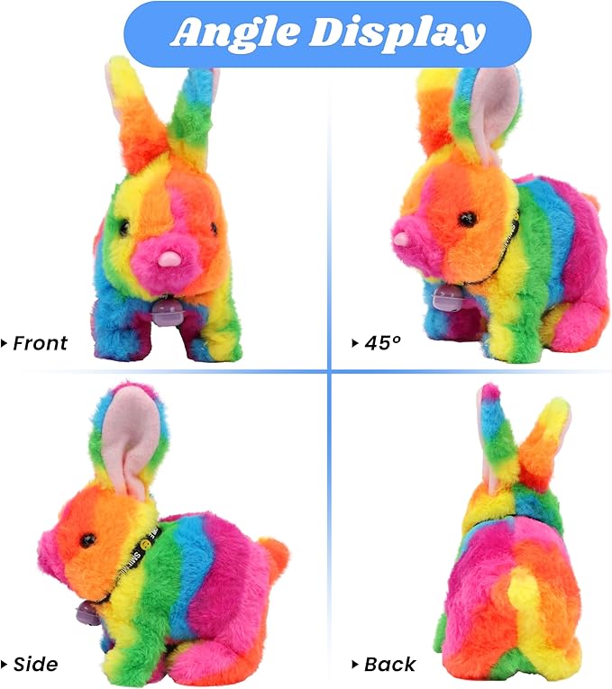 Hopearl Hopping Rabbit with Bell Interactive Electronic Pet Plush Bunny Toy with Sounds and Movements Animated Walking Wiggle Ears Twitch Nose Gift for Toddlers Birthday, Rainbow 7''
