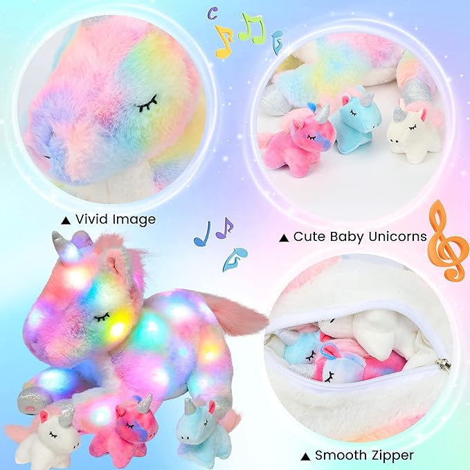 Hopearl LED Musical Stuffed Unicorn Playset Lighting Up Singing Plush Toy Mommy Unicorn with 3 Baby Unicorns in her Tummy Lullaby Animated Soothe for Mom Toddlers Girls, Rainbow 19''