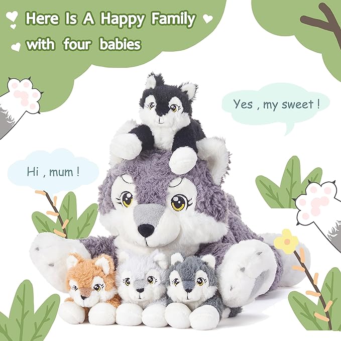 IKASA Mommy Wolf Stuffed Animal Mom and Baby Plush Toy, Cute 18" Soft Small Fluffly Mama Family Set Toy with Little Mini Babies