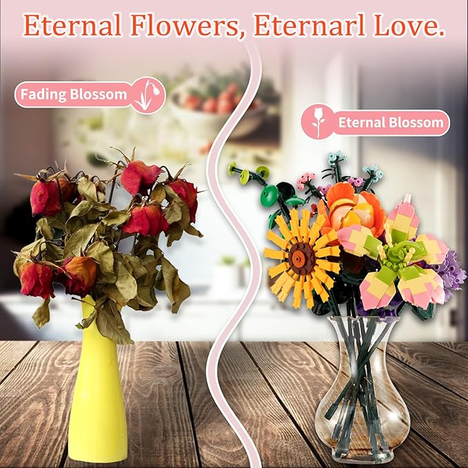 Flowers Bouquet Building Toy, 845Pcs Office Home Decor Botanical Collection Flowers Building Set