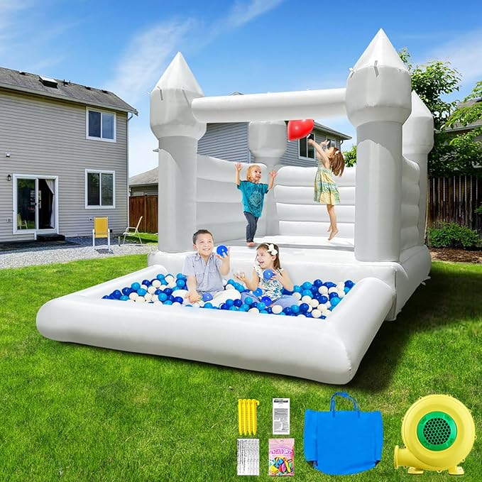 White Bounce House with Ball Pit 120x96x96 inch Commercial Grade 11x8x7.8FT)