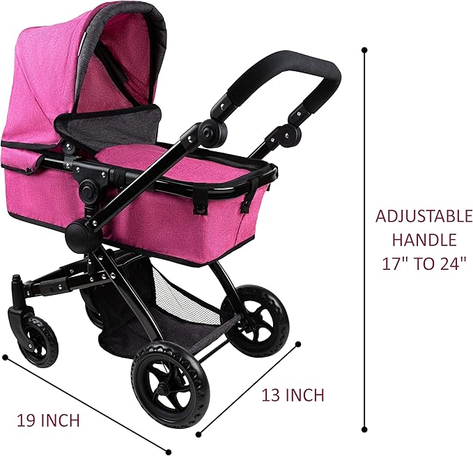 Fash n Kolor Baby Doll Stroller My First Foldable Doll Stroller in Denim Hot Pink Design, Bassinet Stroller with Baby Doll Adjustable Handle