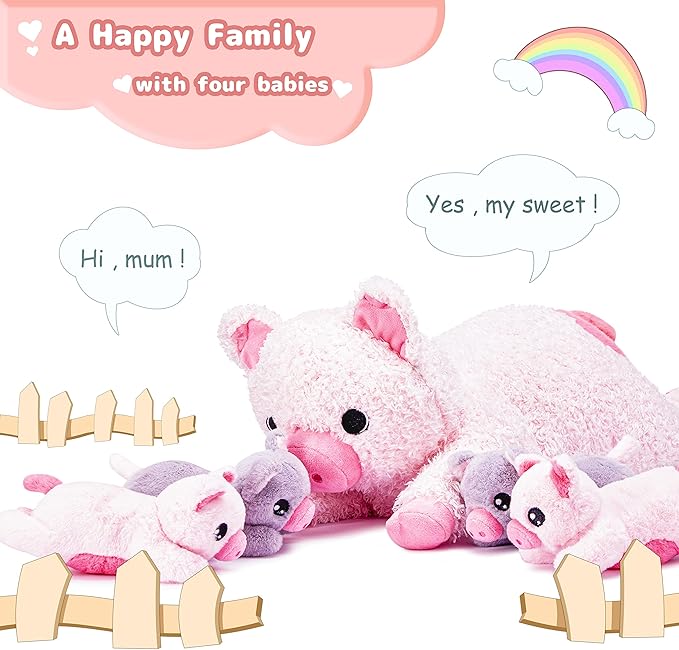 IKASA Mommy Pig Stuffed Animal Mom and Baby Plush Toy,Cute 16" Soft Small Fluffy Mama Family Set Toy with Little Mini Babies
