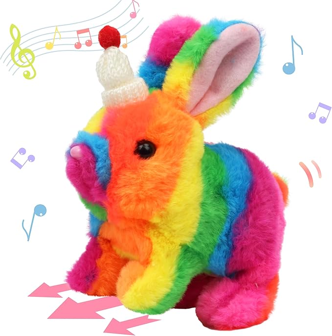 Hopearl Hopping Rabbit with Hat Interactive Electronic Pet Plush Bunny Toy with Sounds and Movements Animated Walking Wiggle Ears Twitch Nose Gift for Toddlers Birthday, Rainbow 7''