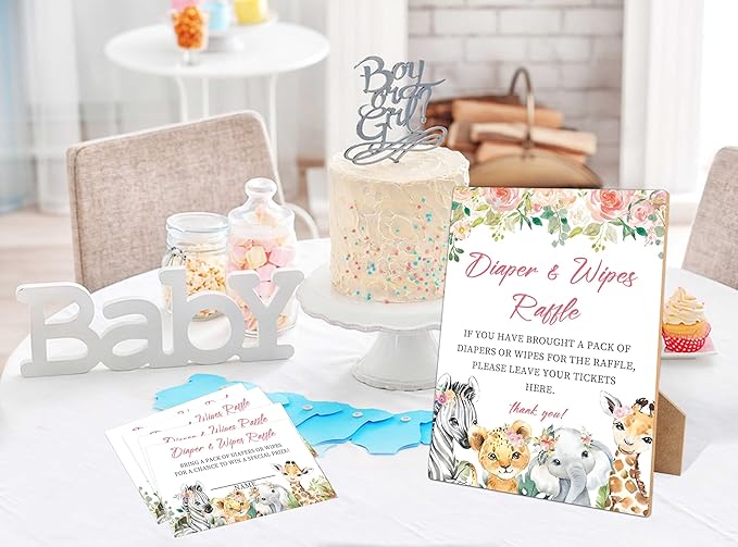 Diapers Wipes Raffle, Floral Animals Diaper Raffle Tickets for Baby Shower 1 Wooden 50 Diaper