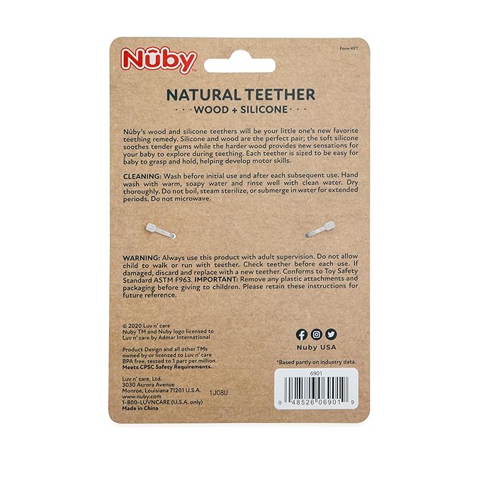 Nuby Natural Wood & Silicone Teether: 3 M+, Heart Bracelet