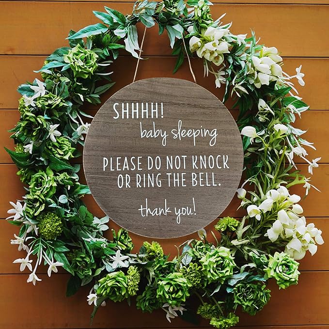 KIND FATE Baby Sleeping Sign for Front Door Do Not Knock or Ring Doorbell Sign | New Mom Gifts Do Not Disturb Door Hanger Sign 10" Round