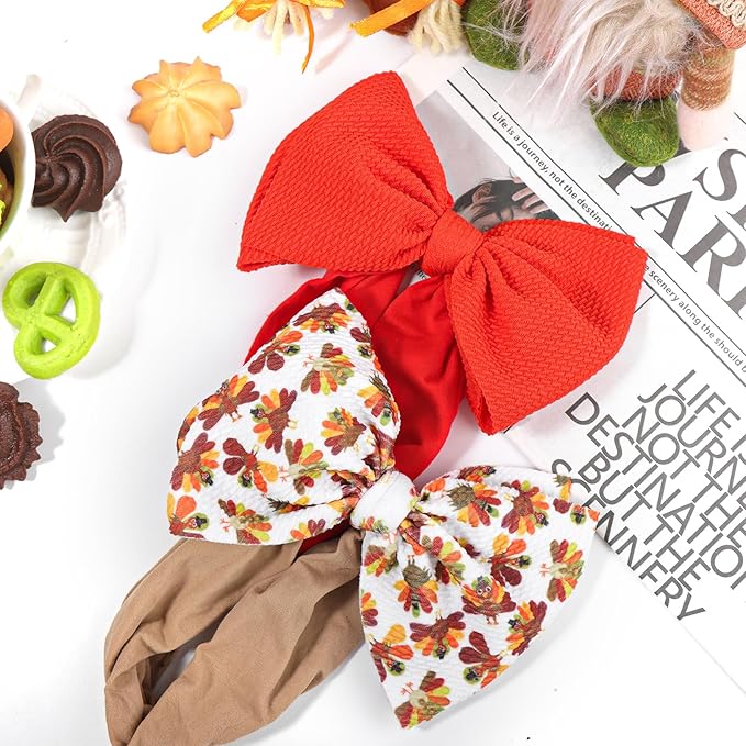 YanJie Thanksgiving Baby Headbands Turkey Printed Bows Newborn Hair Bows