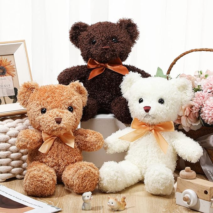 HyDren 12 Pcs Bear Stuffed Animal 12 Inch Bulk Soft Plush Bear Toys with Ribbon Bow Ties Fluffy Bears for Birthday Gift Baby Shower Graduation Wedding Party Favors(Light Brown, Dark Brown
