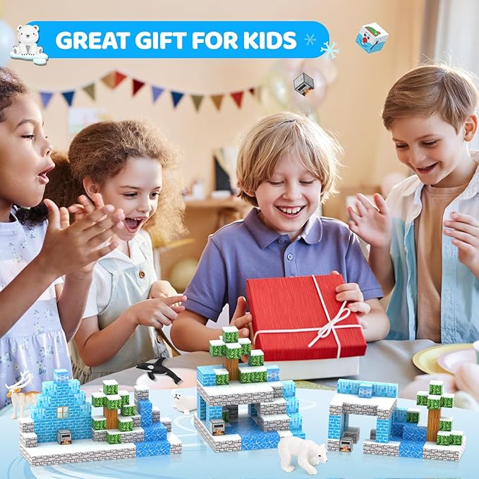Magnetic Blocks 110PCS with 6 Animal Toys, Snow World Building Blocks Set, Toys for Boys & Girls Age 4-6,5-7,6-8, Stacking Building Toys for Toddlers & Kids 3+