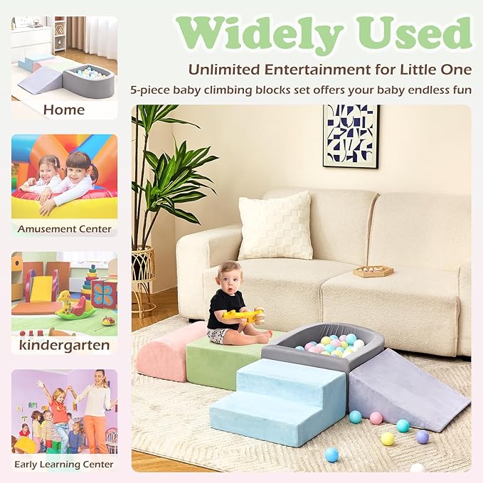Climbing Toys for Toddlers 1-3, Foam Climbing Blocks and Ball Pit for Baby, 5-Piece Soft Foam Toddlers Climbing Toys,Climbing Crawling Toys Soft Foam Blocks Activity Play Set(Balls not Included)