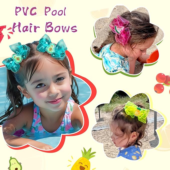 Waterproof Jelly Hair Bows, Multi-colored PVC Summer Swim Pool Bow Clips Transparent Hair Accessories for Girls Toddler Infants Kids Teens Children (Fruit Jelly Bow 4inch)