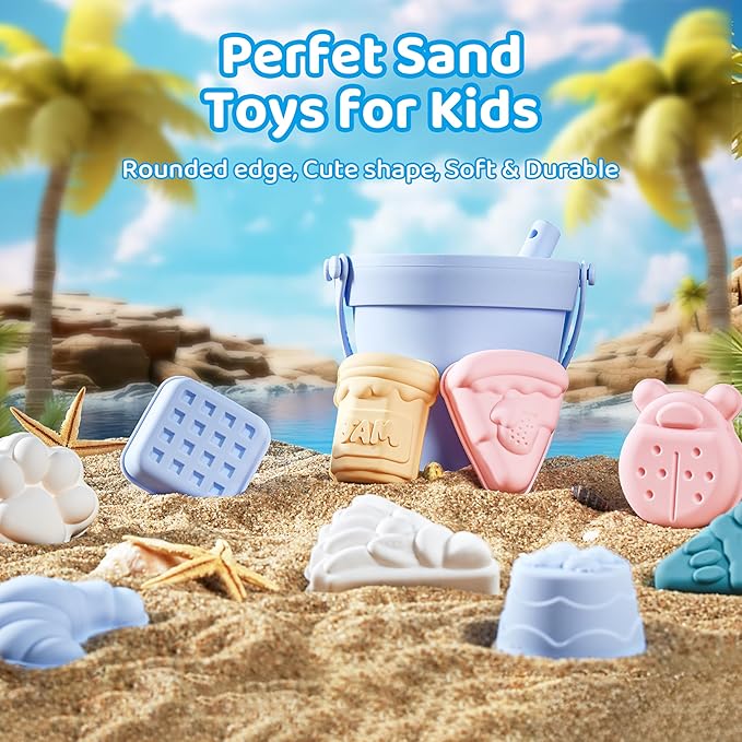 ISSEVE 23Pcs Beach Toys Set for Kids Toddlers Girls, Silicone Sand Toys Include Sand Bucket 12 Sand 3-12 (Blue