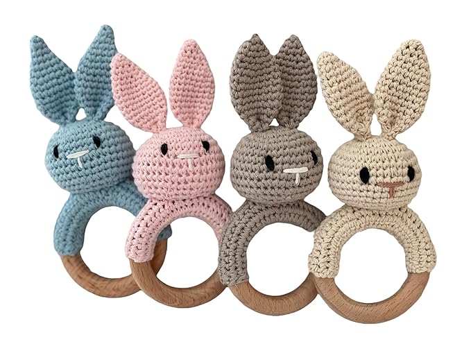 Baby Gift Rattle and Teether Toy Handmade Crochet, Safe and Non-Toxic Beechwood