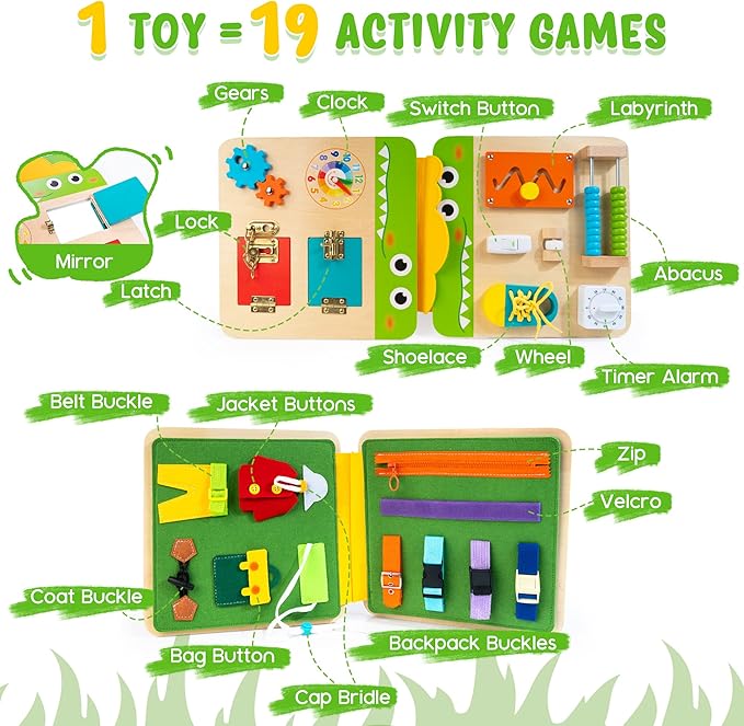 HELLOWOOD Wooden Busy Board for Toddlers 1-3 2-4, Montessori Learning Toy with 19 Eductional Activities