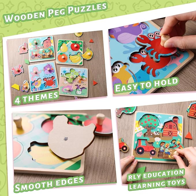 LovesTown 4PCS Wooden Peg Puzzles, Knob Puzzles with Handles Puzzles