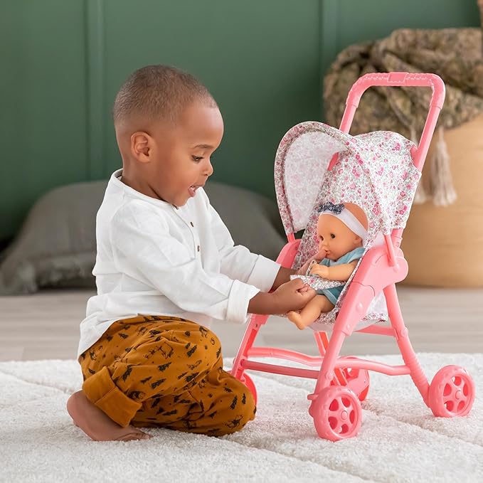 Corolle Baby Doll Stroller with Folding Canopy - Mon Premier Poupon Accessory Fits 12" Dolls, Pink/Floral Pattern 18 Months
