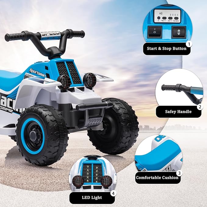 Hetoy 6V Kids Ride On Electric ATV, Ride Car with LED Headlights 1-3 Boys