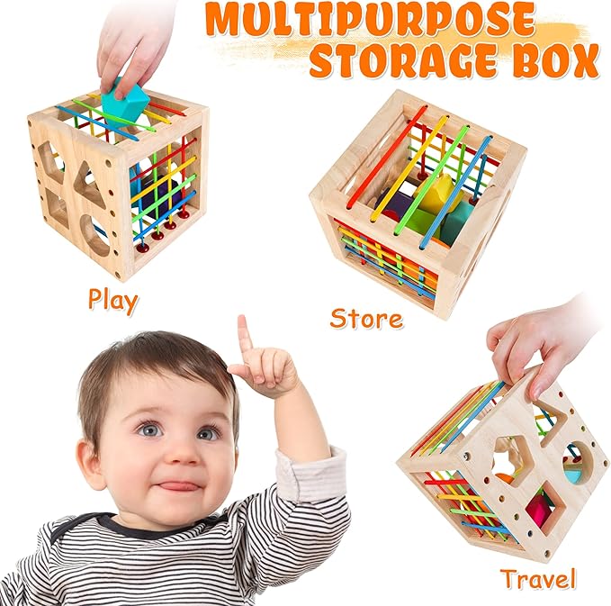 HELLOWOOD Montessori Toys for 1+ Year Old, Wooden Sorter Cube with 8pcs Rattling Shapes