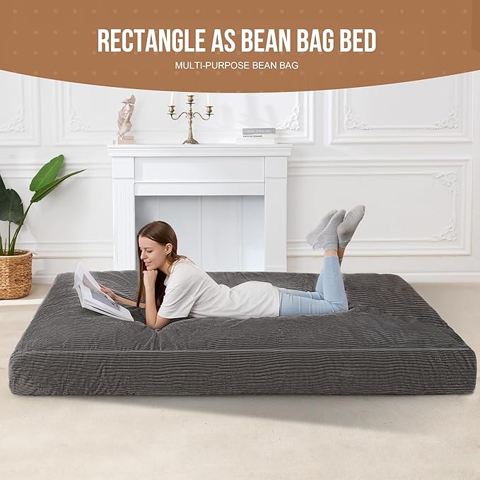 Homguava Corduroy Bean Bag Chair, Variable Shape from Bean Bag to Matress, Convertible Beanbag Chair for Home, Living Room(Grey, Queen)