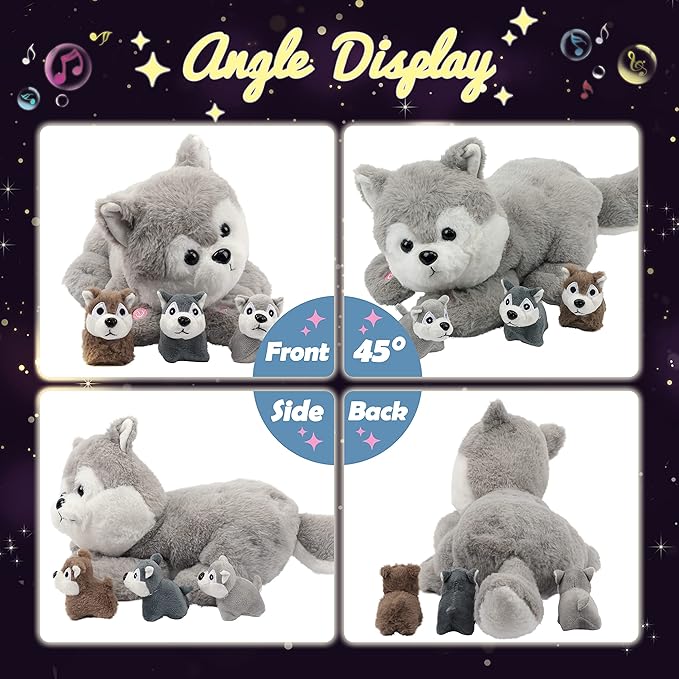 Hopearl LED Musical Stuffed Husky Lighting Up Singing Plush Toy Playset Mommy Dog with 3 Baby Puppies in her Tummy Lullaby Animated Soothe for Mom Toddler Girls, Gray 17''