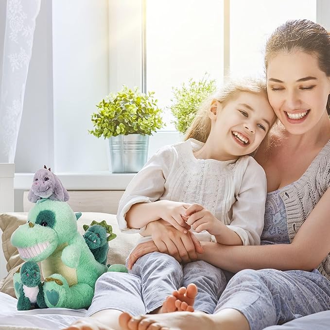IKASA Mommy Dinosaur Stuffed Animal Mom and Baby Plush Toy,Cute 14" Soft Small Mama Family Set Toy with Little Mini Babies