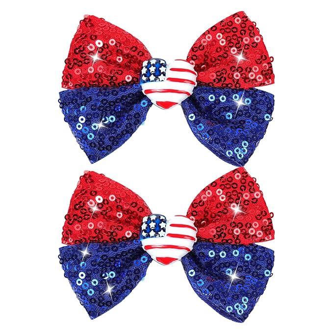 4th of July Sequins Hair Bows Clips Blue Glitter Alligator