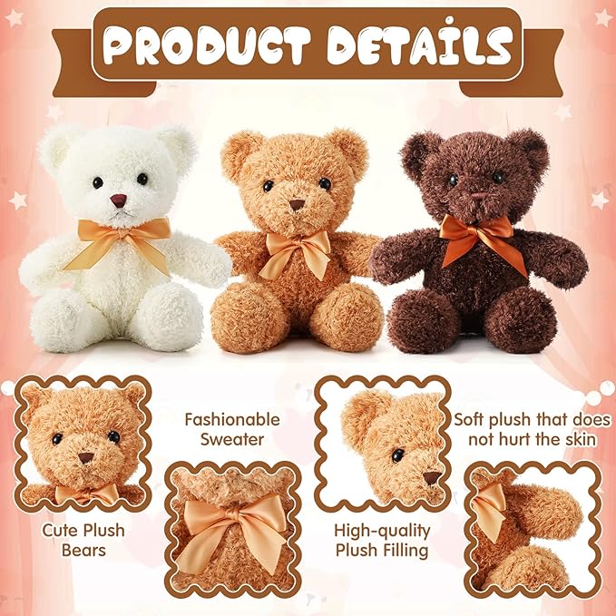 HyDren 12 Pcs Bear Stuffed Animal 12 Inch Bulk Soft Plush Bear Toys with Ribbon Bow Ties Fluffy Bears for Birthday Gift Baby Shower Graduation Wedding Party Favors(Light Brown, Dark Brown