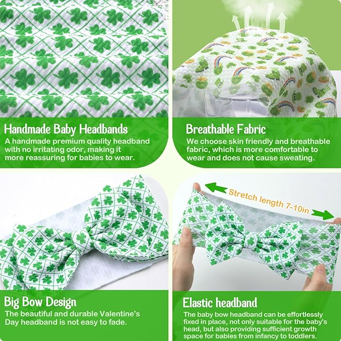 St. Patrick's Day Handmade Elastic Headbands, 3PCS Shamrock Printed Bows