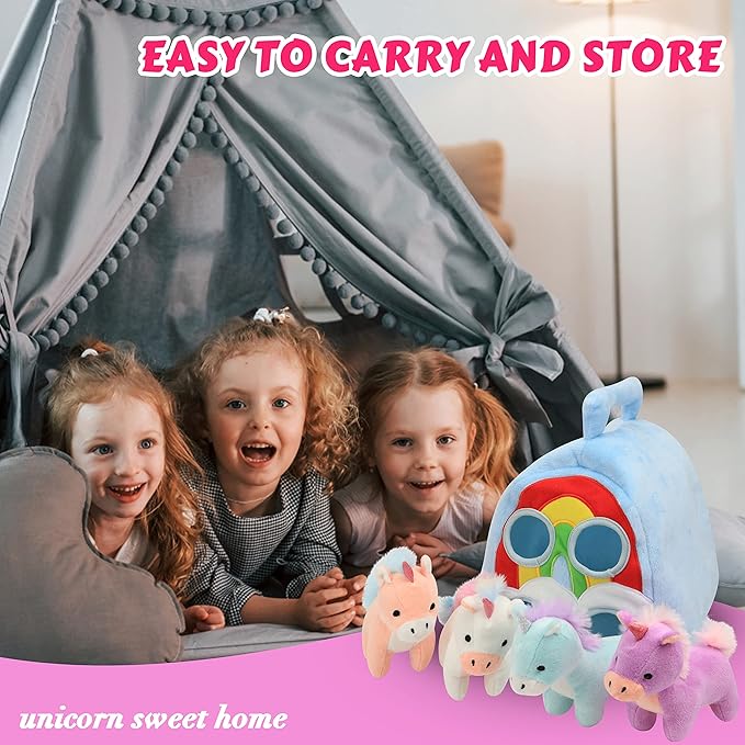 Hopearl Unicorn Plush Rainbow Bag with 4 Baby Unicorns Stuffed Animals Play Set Toy House with Handle Plush Toy Set Gifts for Girls Toddlers Age 3, 4 5, 6, 7, 8 11''