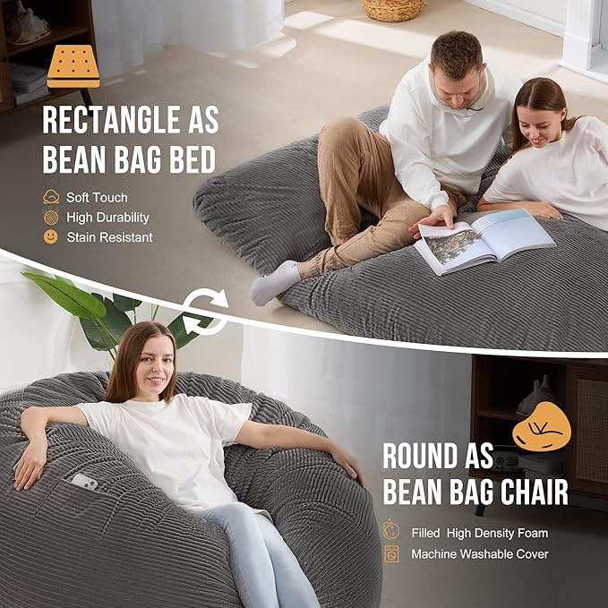 Homguava Corduroy Bean Bag Chair, Variable Shape from Bean Bag to Matress, Convertible Beanbag Chair for Home, Living Room(Grey, Queen)
