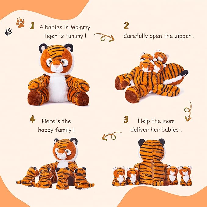IKASA Mommy Tiger Stuffed Animal Mom and Baby Plush Toy,Cute 11” Soft Small Fluffy Mama Tiger Family Set Cuddly Huggable Toy with Little Mini Babies