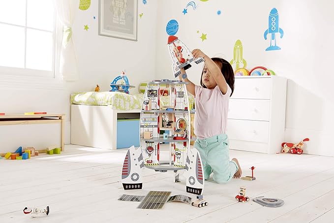 Hape Four-Stage 20 Piece Durable Wooden Rocket and Spaceship Toy for Children, L: 18.8 18.8, H: 29.1 inch