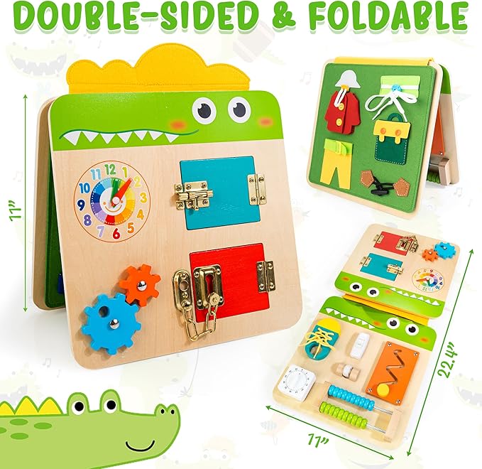 HELLOWOOD Wooden Busy Board for Toddlers 1-3 2-4, Montessori Learning Toy with 19 Eductional Activities