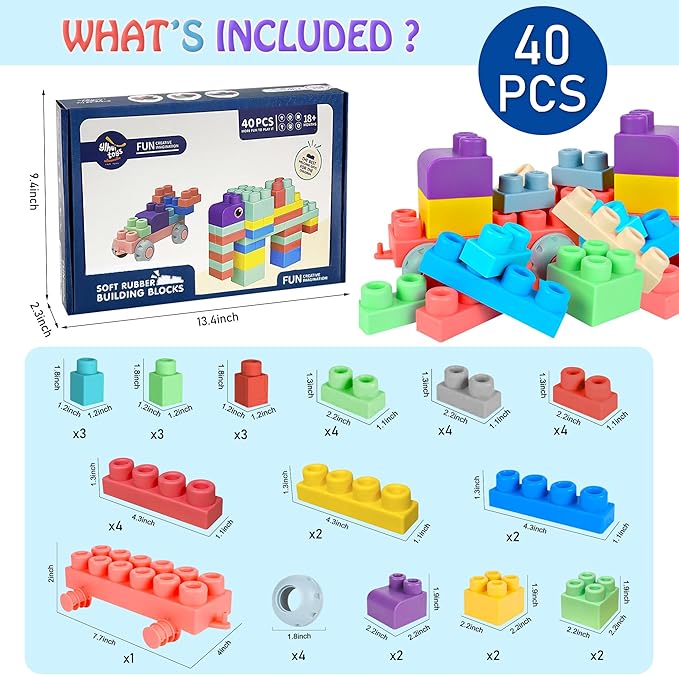 Soft Building Blocks for Toddlers, Baby Blocks Stacking Blocks for Toddlers 1-3 STEM Toddler Gifts 40 PCS