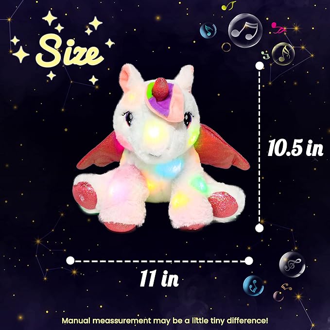 Hopearl LED Musical Stuffed Unicorn Adorable Lighting Up Singing Plush Toy Adjustable Volume Lullaby Animated Soothe Birthday Festival for Kids Toddler Girls, White 11''