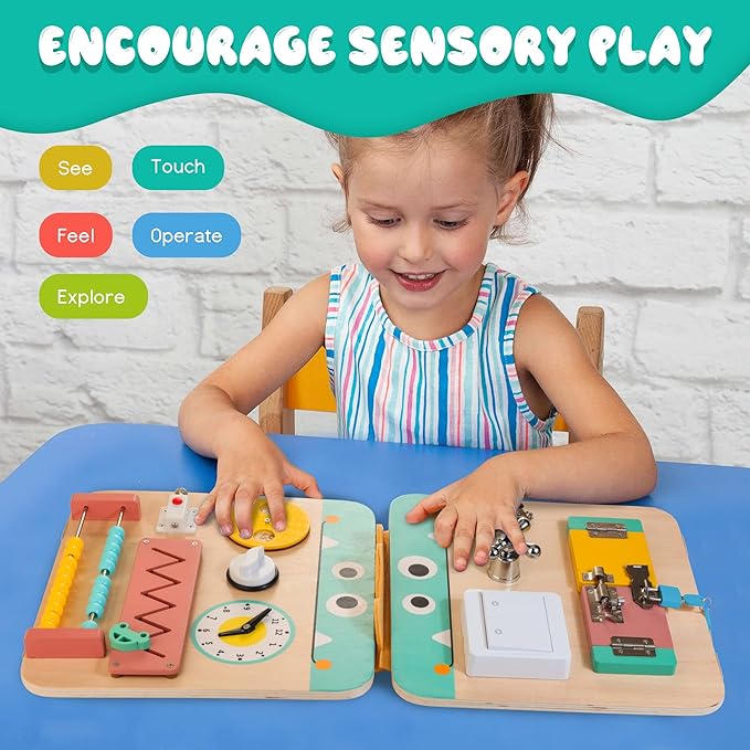 HELLOWOOD 17 for 1 Wooden Busy Board for Kids, Montessori Toys for 2 3 4 Years Old 2-4, Fine