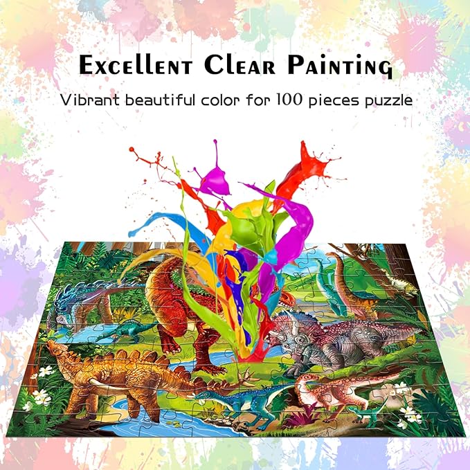 HUADADA Jigsaw Puzzles for Kids 100 Pieces, Dinosaurs Park Floor Toys Montessori Games Learning Education Activities Birthday Gifts for Toddlers Boys Girls Ages 5 6 7 8+ Year Old (15"x10") 1:1 Poster