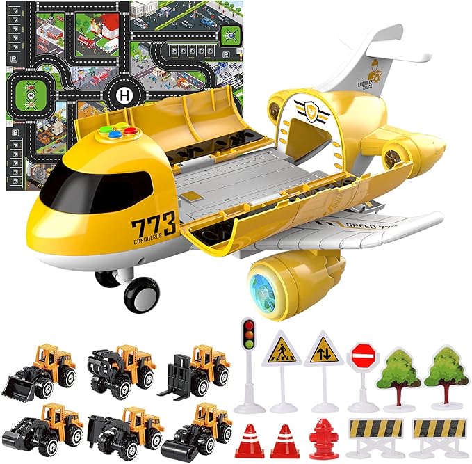 Hapavis Airplane Toys with Construction Truck Engineering Vehicle Play Mat