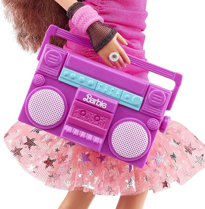 Barbie Rewind 80s Edition Dolls’ Night Out Doll, Brunette in Party Look Featuring Neon Jacket, Skirt & Accessories with Cassette Tape Doll Stand