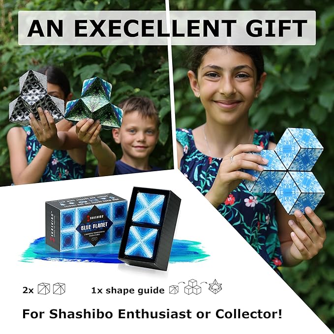 SHASHIBO Shape Shifting Box - Award-Winning, Patented Fidget Cube w/ 36 Rare Earth Magnets 70 Shapes, 2 pack)
