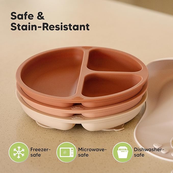 KeaBabies Suction Plates for Baby, Toddler - 3-Pack 100% Silicone Toddler Plates, Divided Baby Plates with Suction, Silicone Plates for Baby, Kids, BPA-Free, Microwave, Dishwasher Safe (Roseate)