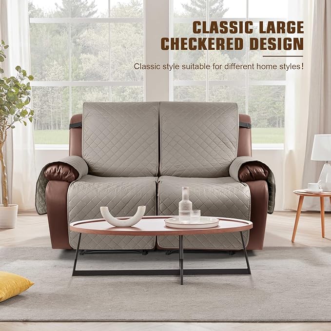 KinCam Waterproof Loveseat Recliner Cover, Non-Slip Reclining Couch Covers for 2 Seat, Recliner Sofa Cover Furniture Protector with Elastic Straps for Kids, Pets, Khaki