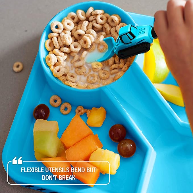 Dinneractive Utensil Set for Kids – Construction Themed Toddler Forks and Spoons, Toddler Utensils – 2-Piece Set – Blue Construction Utensils for Toddlers - Loader & Tractor Toddler Spoons and Forks