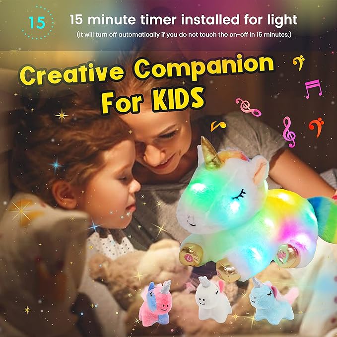 Hopearl LED Musical Stuffed Unicorn Playset Lighting Up Singing Plush Toy Mommy Unicorn with 3 Baby Unicorns in her Tummy Adjustable Volume Lullaby Animated Soothe Gifts for Kids Girls, White 19''