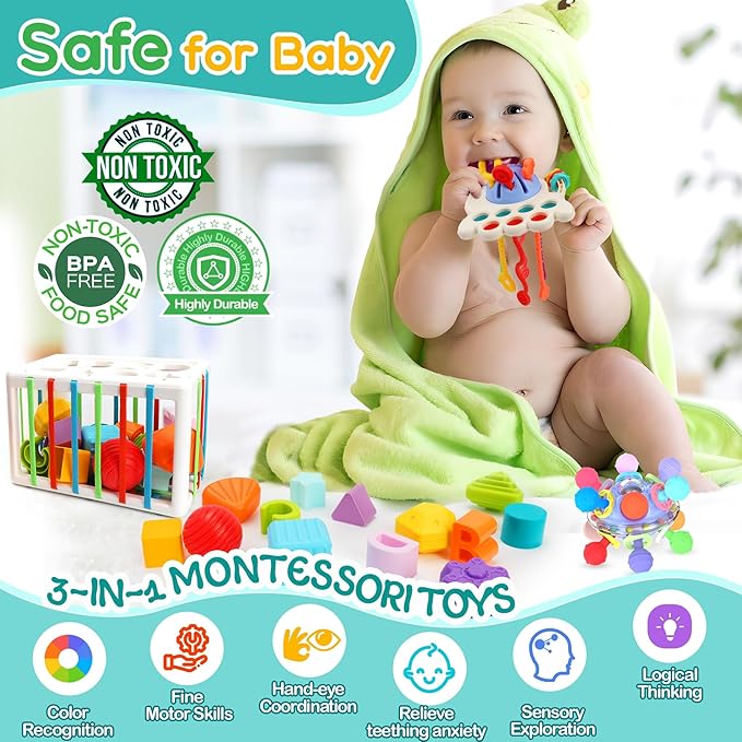 3 in 1 Montessori Toys for Baby 0-3-6-9-12 Months, Pull String Baby Teething Toys 6-12-18 Months