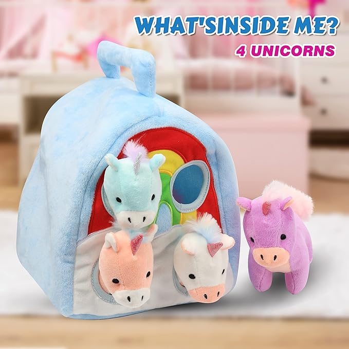Hopearl Unicorn Plush Rainbow Bag with 4 Baby Unicorns Stuffed Animals Play Set Toy House with Handle Plush Toy Set Gifts for Girls Toddlers Age 3, 4 5, 6, 7, 8 11''